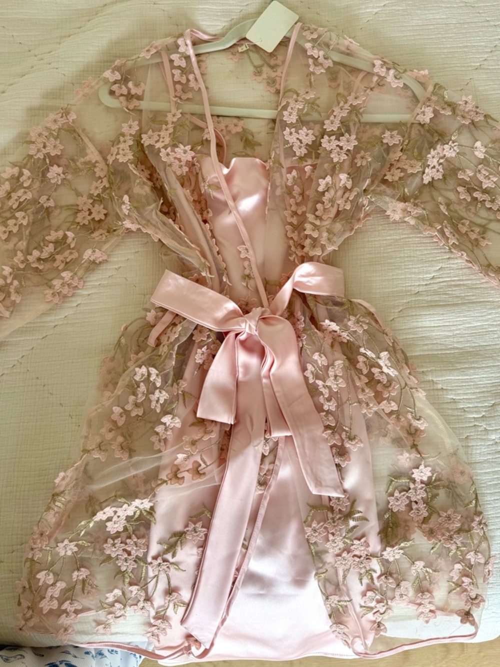 Roma Pink Floral Lace Satin Chemise Robe Set